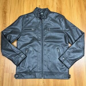 Hood Crew Dark Gray Faux Leather Moto Biker Jacket Men Size S Quilted Cafe Racer
